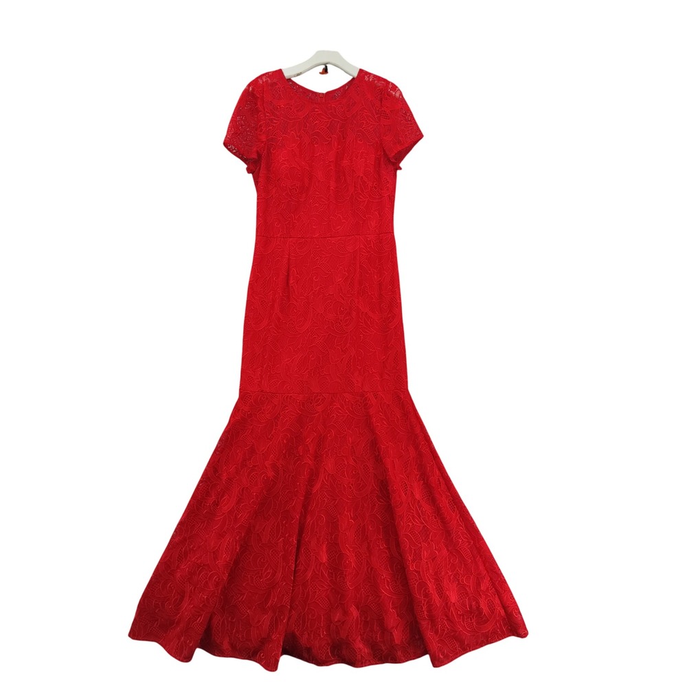 David Meister Womens Romantic Coquette Gown 16 Red Floral Lace Mermaid Formal
